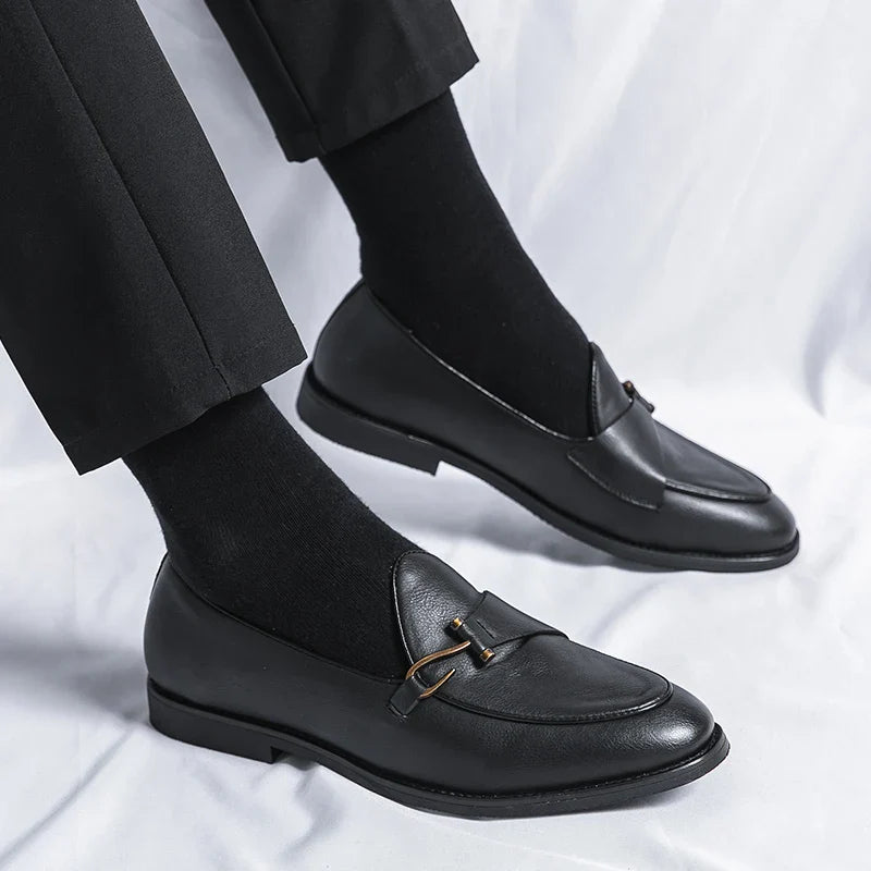 Men’s Classic Slip-On Loafers with Rounded Toe and Metal Detail