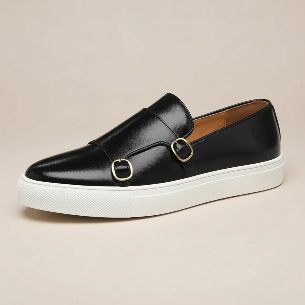 Men’s Slip-On Loafers with Almond Toe, Double Buckle Detail, and Flat Sole