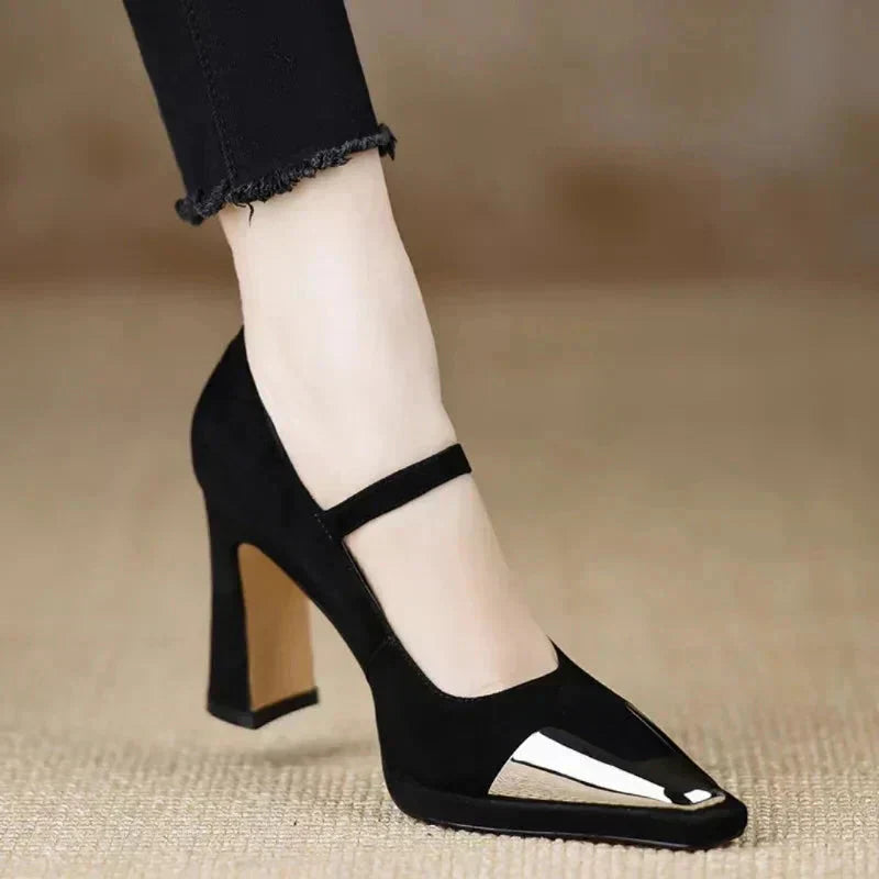 Women's Mary Jane Heels - Block Heel - Metal Toe Cap - Ankle Strap