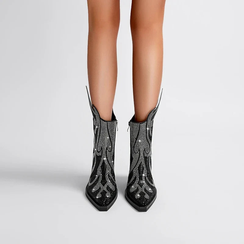 Women's Rhinestone Western Ankle Boots - Pointed Toe Block Heel