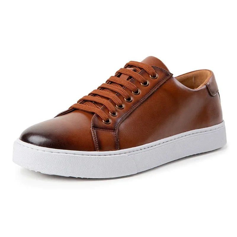 Men’s Faux Leather Low-Top Lace-Up Sneakers with White Rubber Sole