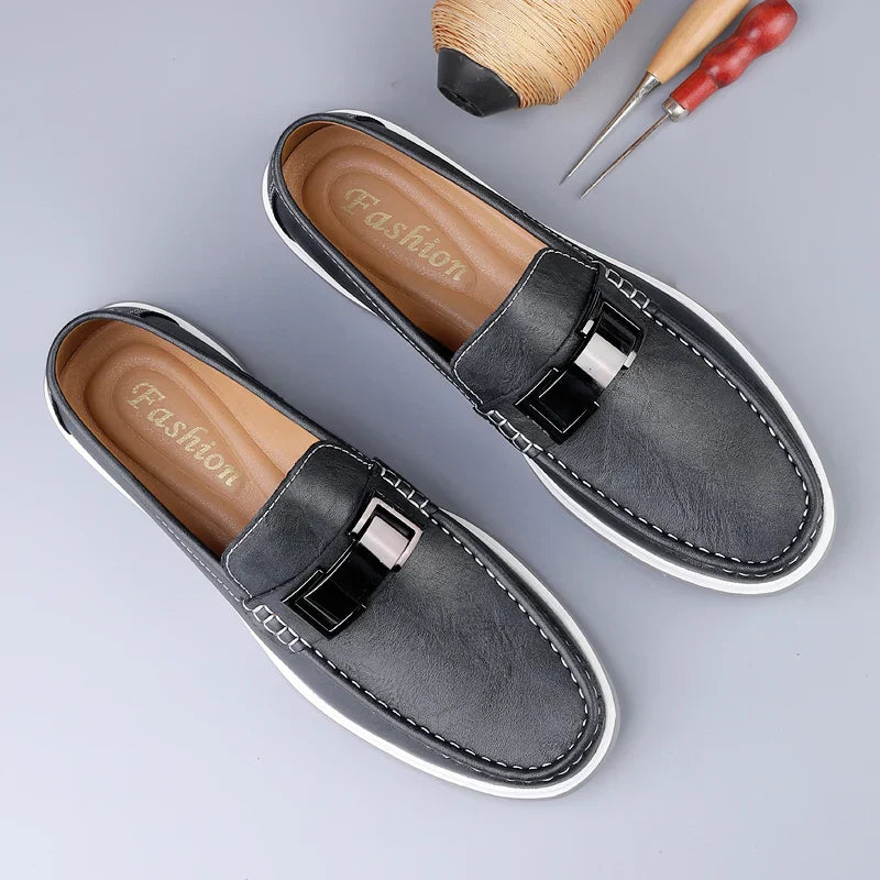 Men’s Almond Toe Slip-On Loafers with Metal Bit Detail and Flat Rubber Sole