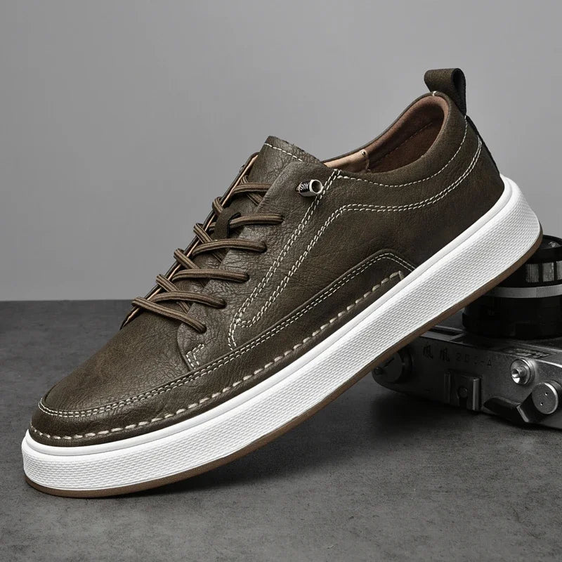 Men's Leather Low-Top Sneakers - Lace-Up Moc-Toe White Sole