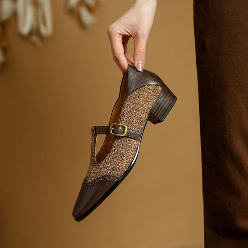 Women's Mary Jane Flats - T-Strap Buckle - Leather and Fabric Upper