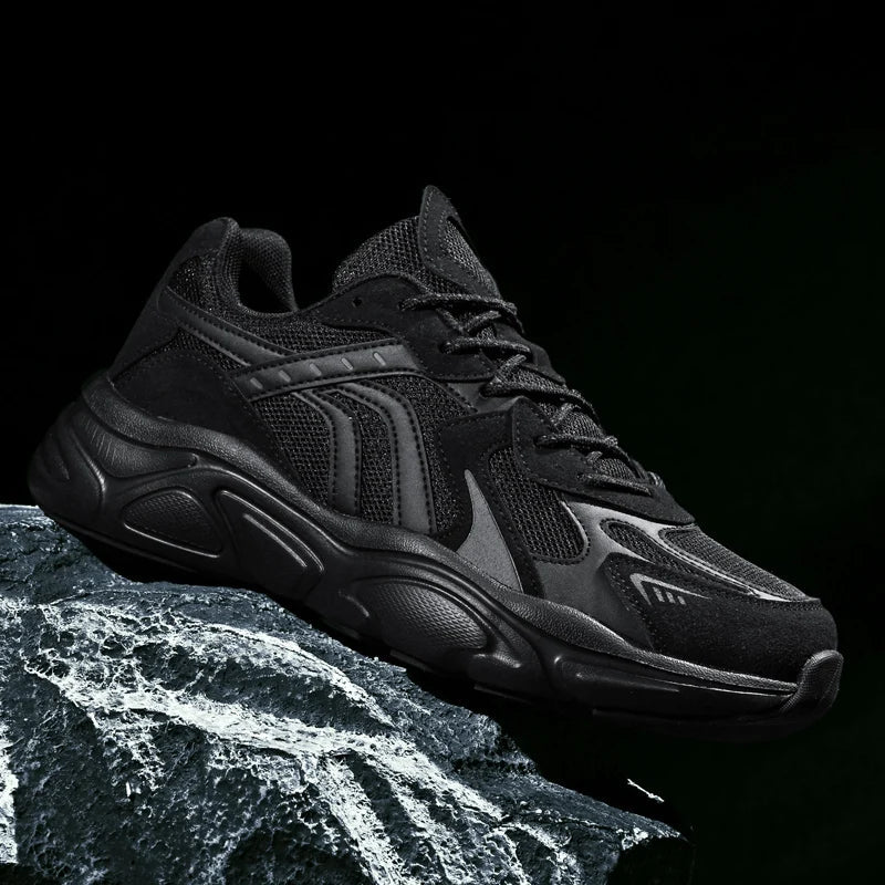 Men's Chunky Sneakers - Low Top - Lace-Up - Mesh and Suede Upper - Thick Sole
