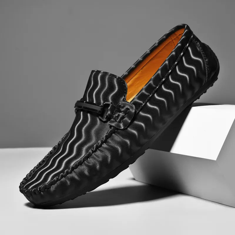 Men's Wave Pattern Leather Driving Loafers - Slip-On Penny Loafers