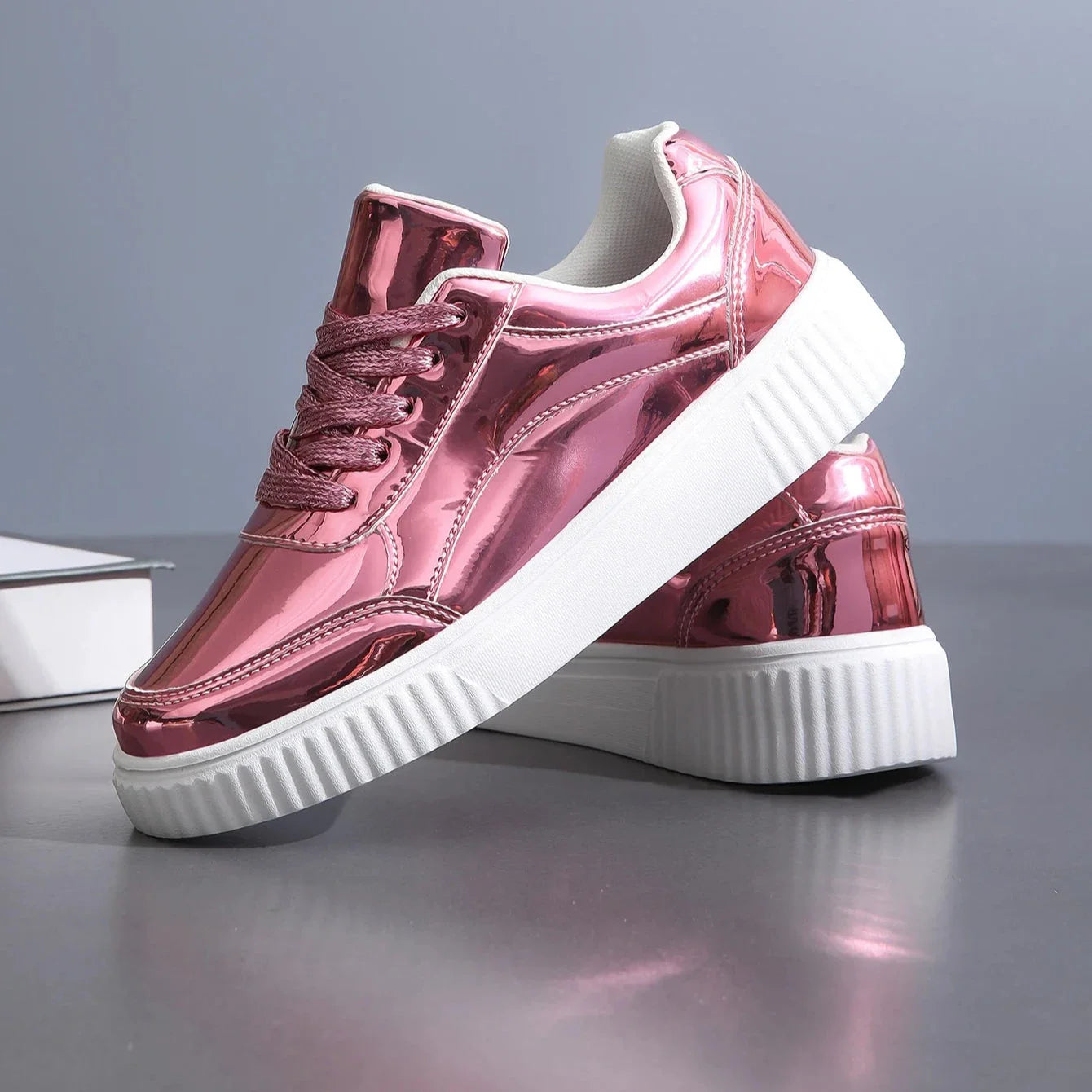 Women's Metallic Platform Sneakers - Round Toe Lace-Up Low-Top