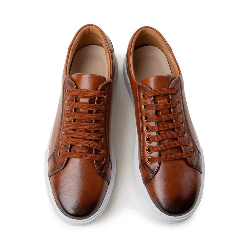 Men’s Faux Leather Low-Top Lace-Up Sneakers with White Rubber Sole