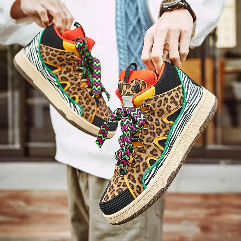 Unisex Leopard Print High-Top Sneakers with Bold Lace Detail