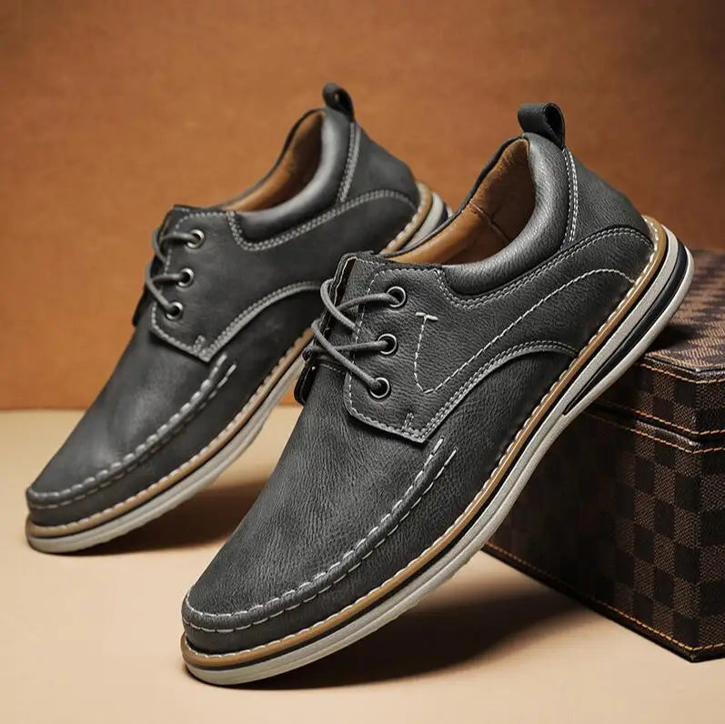 Men’s Rounded Toe Lace-Up Casual Shoes with Moc Stitching and Flat Rubber Sole