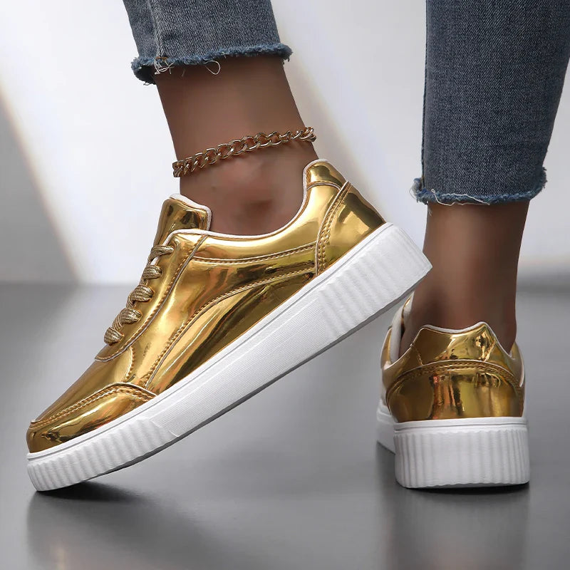 Women's Metallic Platform Sneakers - Round Toe Lace-Up Low-Top