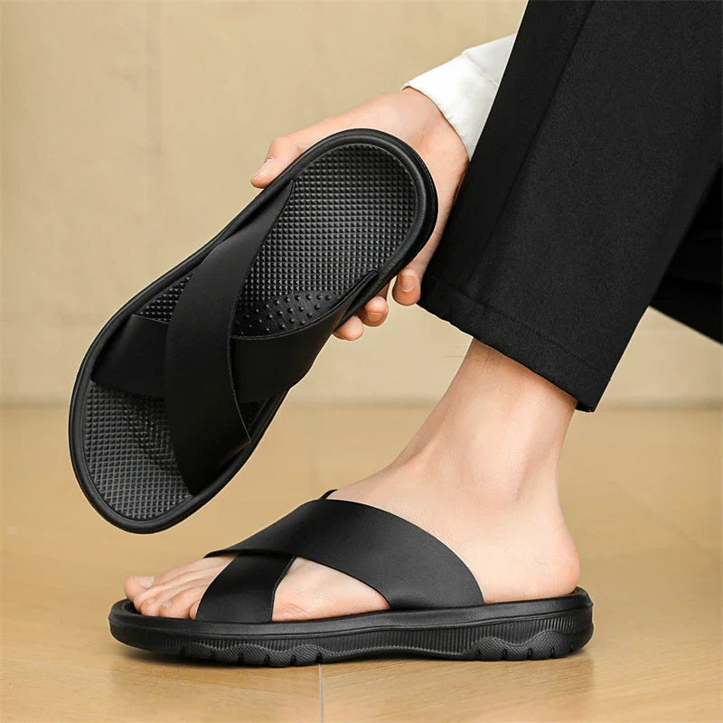 Men's Cross-Strap Slide Sandals - Open Toe - Flat Rubber Sole