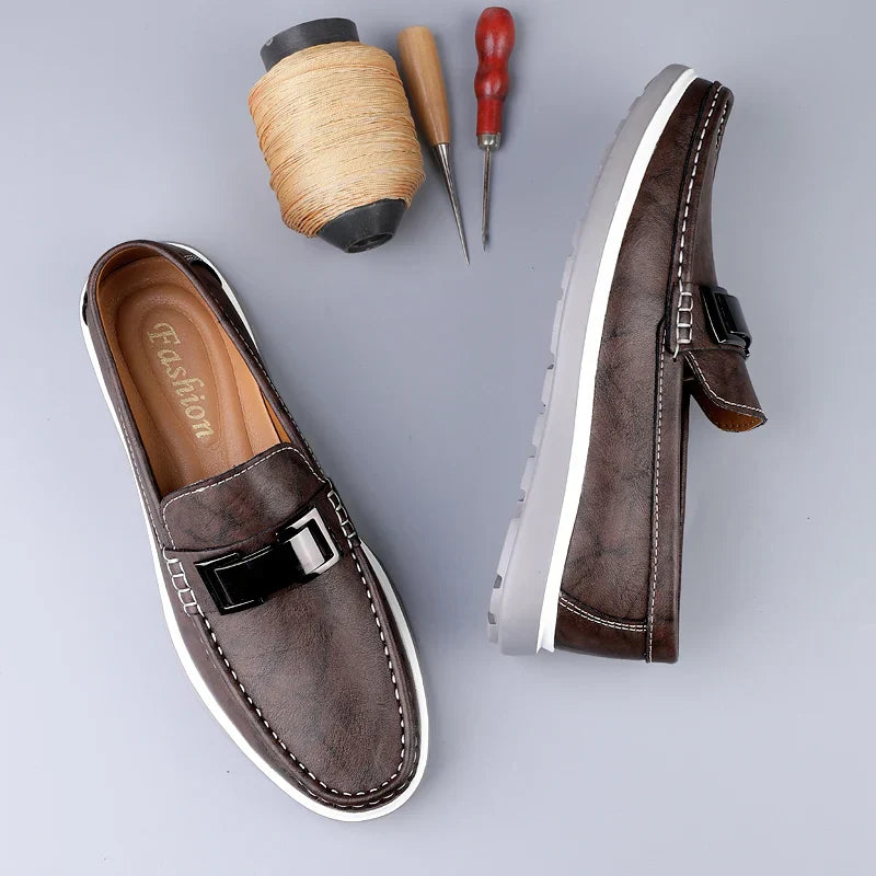 Men’s Almond Toe Slip-On Loafers with Metal Bit Detail and Flat Rubber Sole