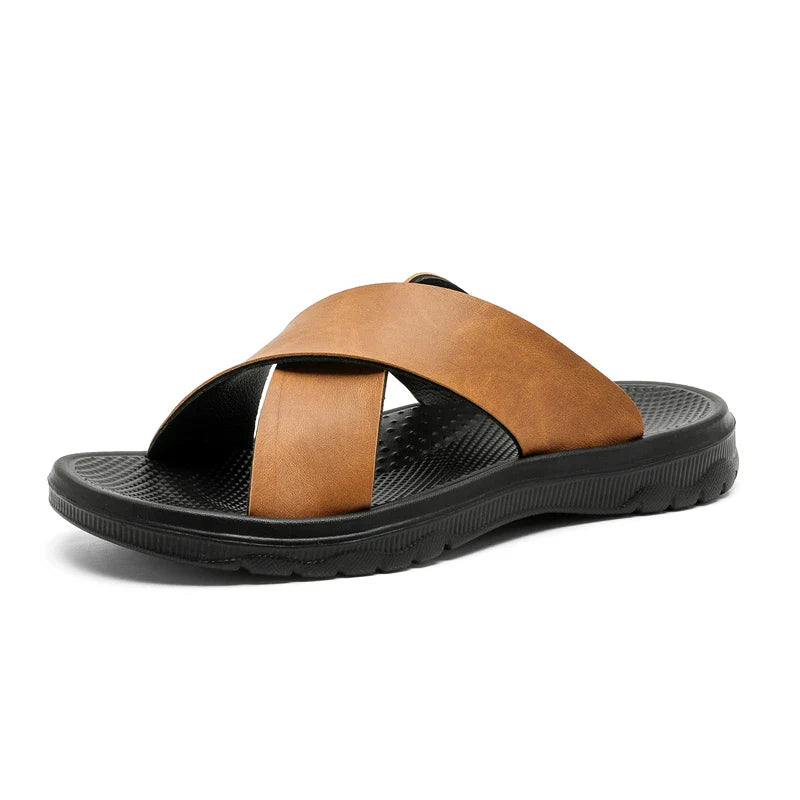 Men's Cross-Strap Slide Sandals - Open Toe - Flat Rubber Sole