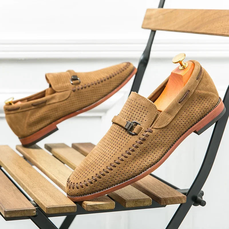 Men’s Slip-On Loafers with Almond Toe, Perforated Upper, and Flat Sole