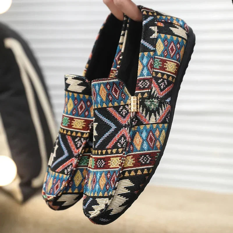 Men's Slip-On Canvas Loafers - Round Toe - Geometric Print - Flat Sole