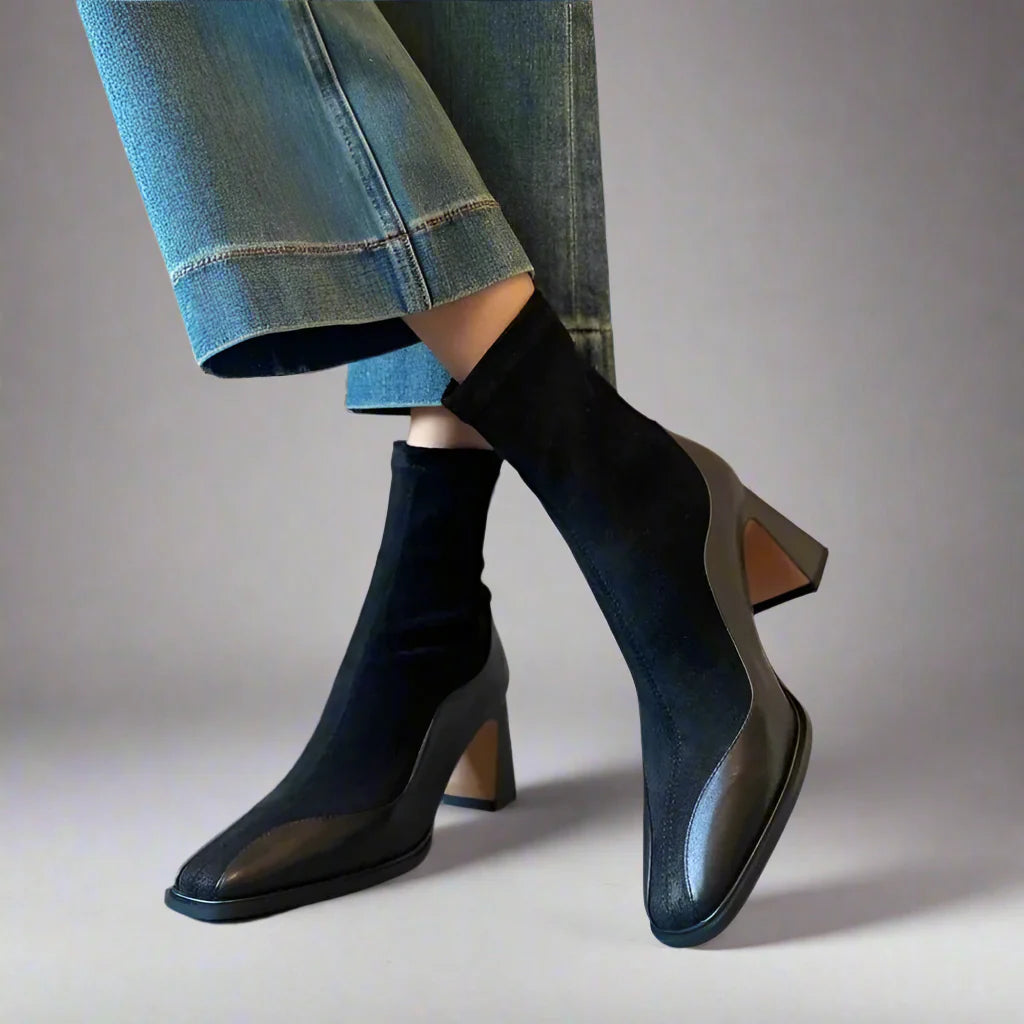 Women’s Ankle Boots with Block Heel and Spliced Panel Design