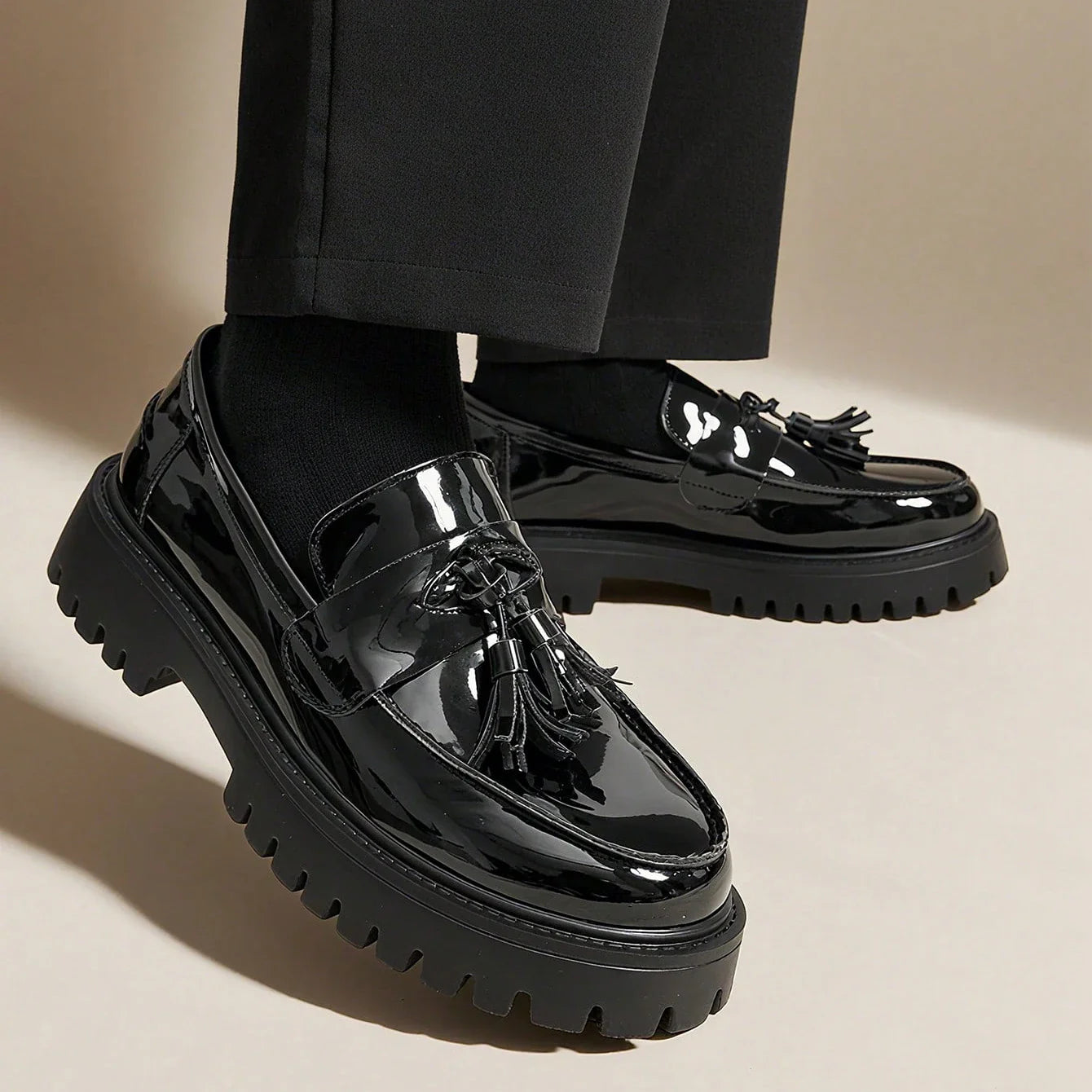 Men's Leather Loafers Platform Tassel Slip-On Penny Loafers