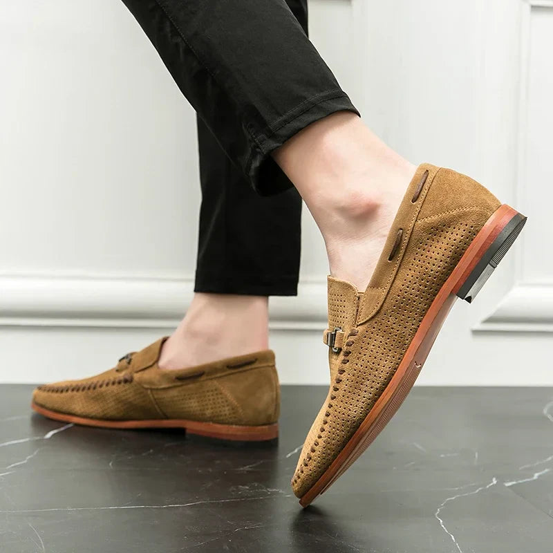 Men’s Slip-On Loafers with Almond Toe, Perforated Upper, and Flat Sole