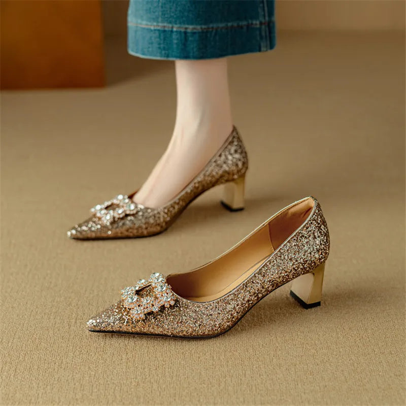 Women's Glitter Pumps - Pointed Toe - Rhinestone Detail - Block Heel