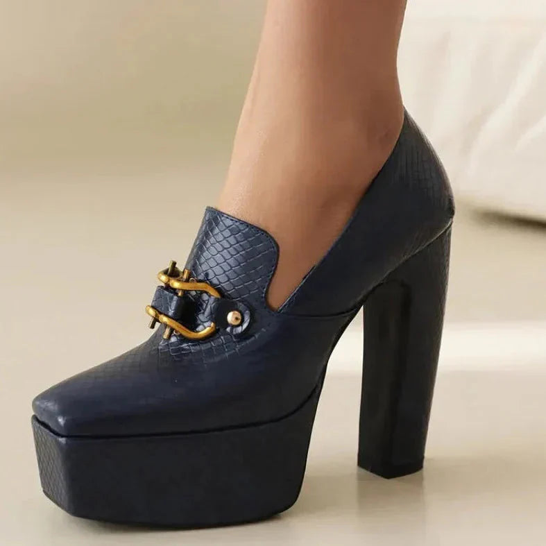 Women's Platform Heels – Square Toe Block Heel Loafer Pump with Metal Chain Detail