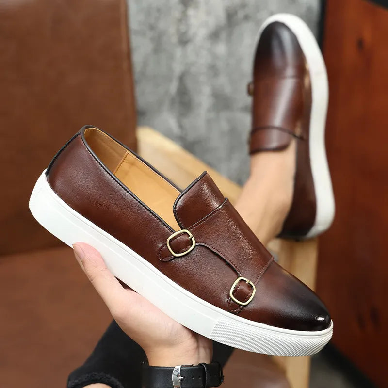 Men’s Slip-On Loafers with Almond Toe, Double Buckle Detail, and Flat Sole