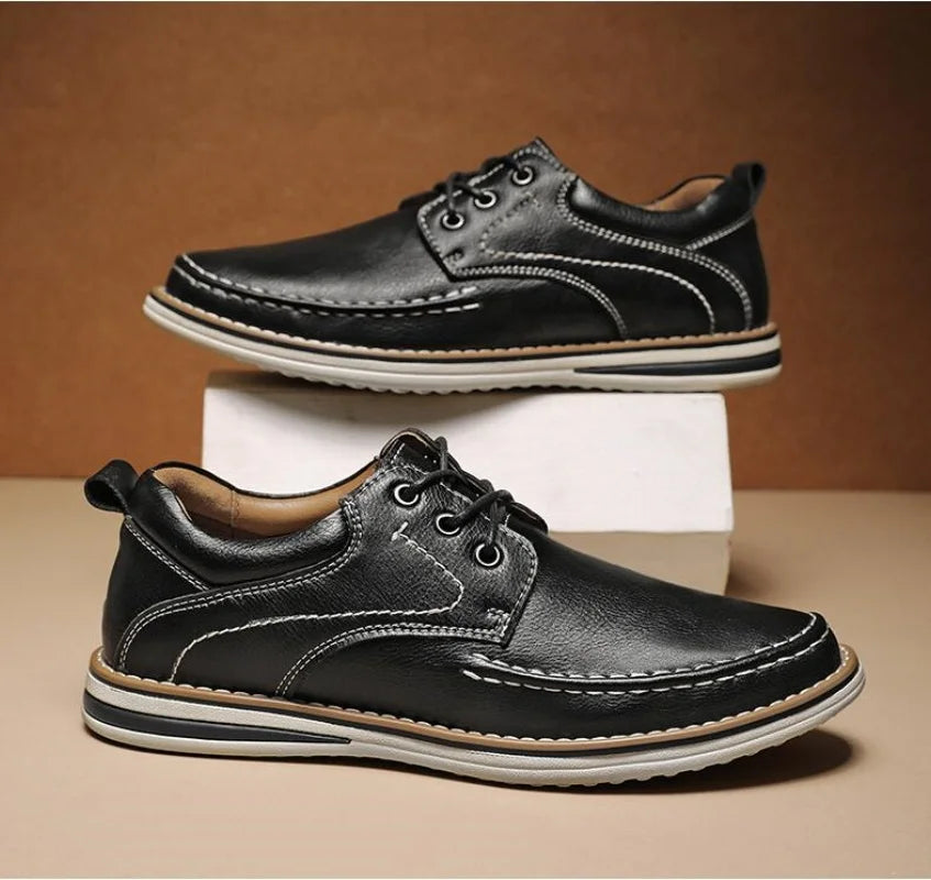 Men’s Rounded Toe Lace-Up Casual Shoes with Moc Stitching and Flat Rubber Sole