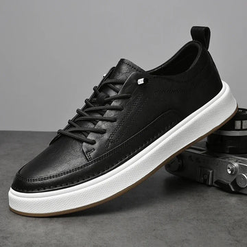 Men's Leather Low-Top Sneakers - Lace-Up Moc-Toe White Sole
