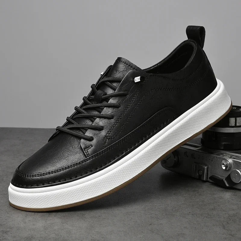 Men's Leather Low-Top Sneakers - Lace-Up Moc-Toe White Sole
