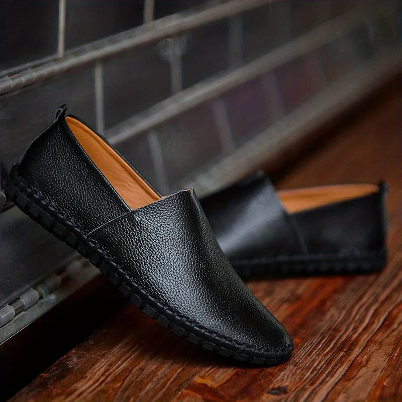 Men’s Slip-On Leather Summer Loafers with Almond Toe and Stitched Flat Sole