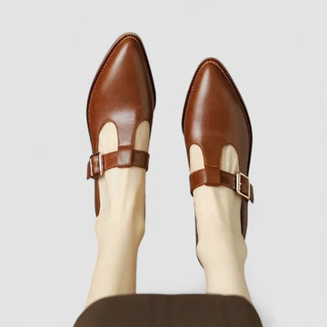 Women's Leather Pointed Toe Mary Jane Flats - T-Bar Strap - Block Heel