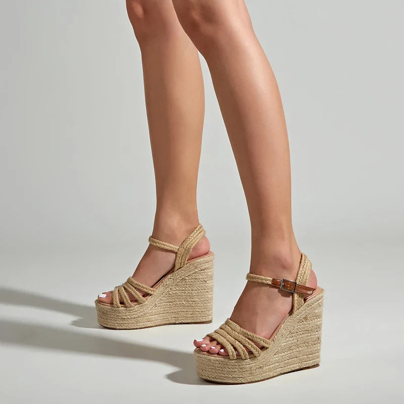Women’s Open Toe Faux Leather Rope Strap Wedge Sandals with Platform Sole