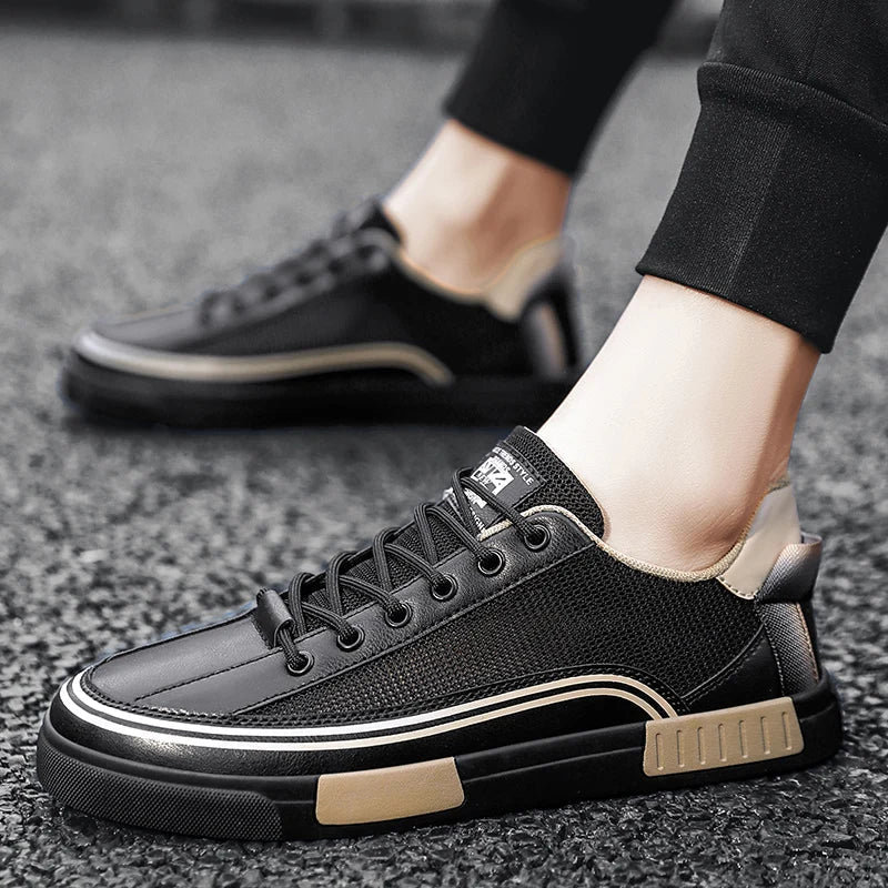 Men’s Lace-Up Mesh Sneakers with Rounded Toe and Flat Rubber Sole