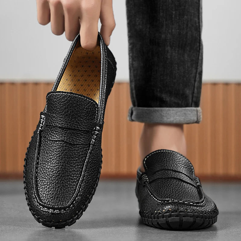 Men's Genuine Leather Penny Loafers - Hand-Stitched Slip-On