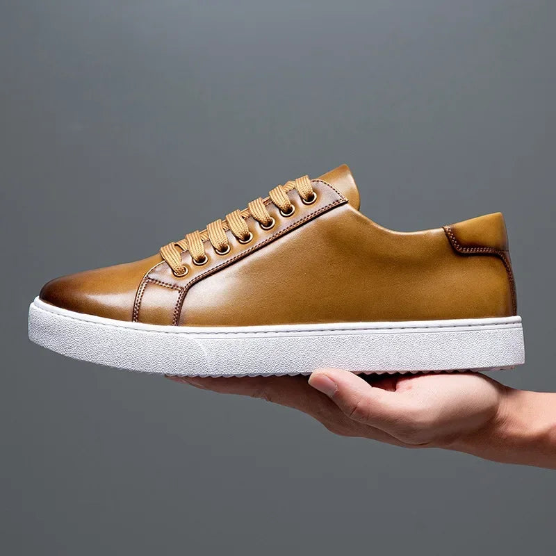 Men’s Faux Leather Low-Top Lace-Up Sneakers with White Rubber Sole