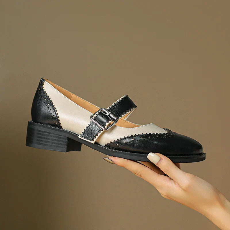 Women's Classic Mary Jane Shoes - Brogue Detail - Two-Tone Leather