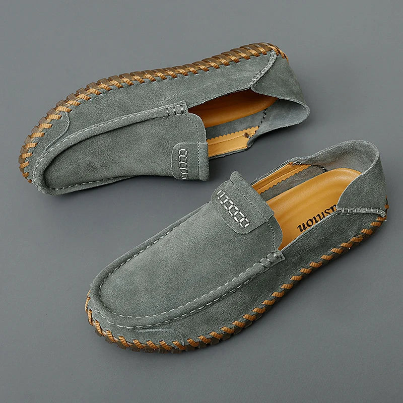 Men's Suede Slip-On Loafers - Rounded Toe - Stitched Moccasin Sole