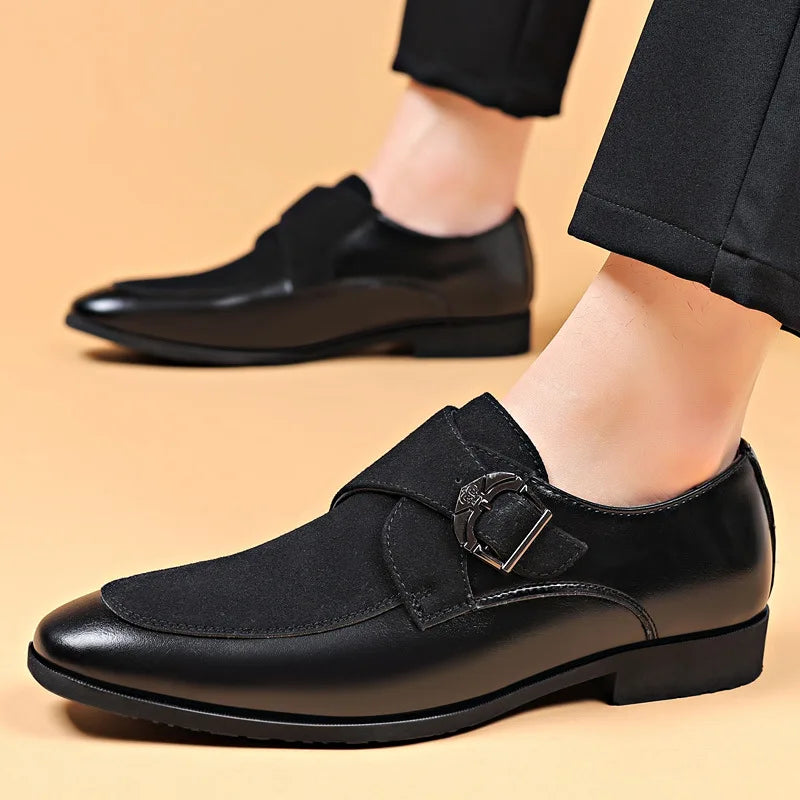 Men’s Almond Toe Monk Strap Dress Shoes with Buckle Closure and Low Block Heel