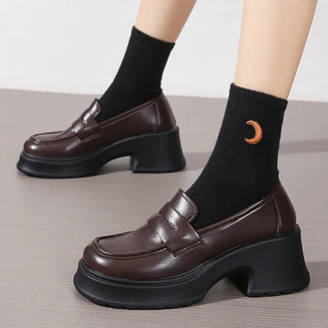 Women's Platform Loafers – Square Toe Slip-On Chunky Heel Loafers