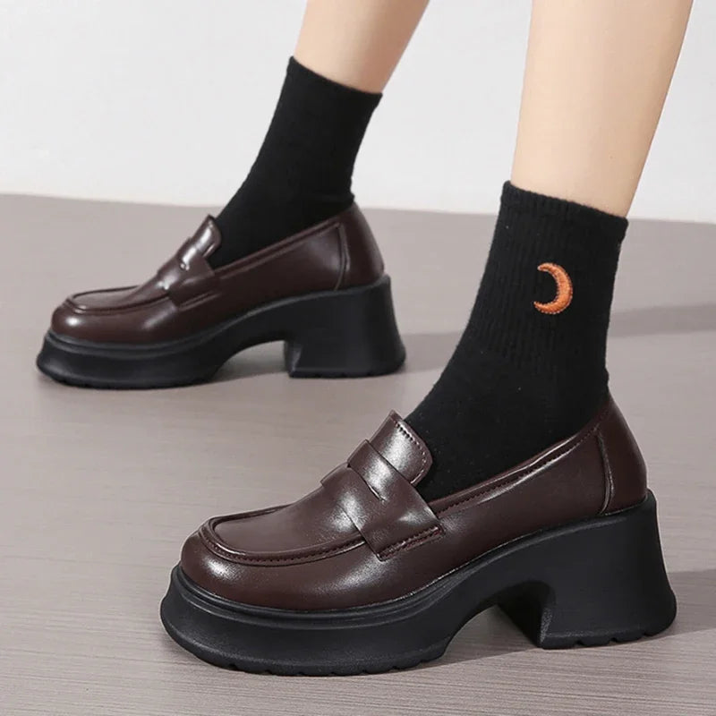 Women's Platform Loafers – Square Toe Slip-On Chunky Heel Loafers