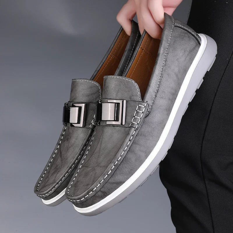 Men’s Almond Toe Slip-On Loafers with Metal Bit Detail and Flat Rubber Sole