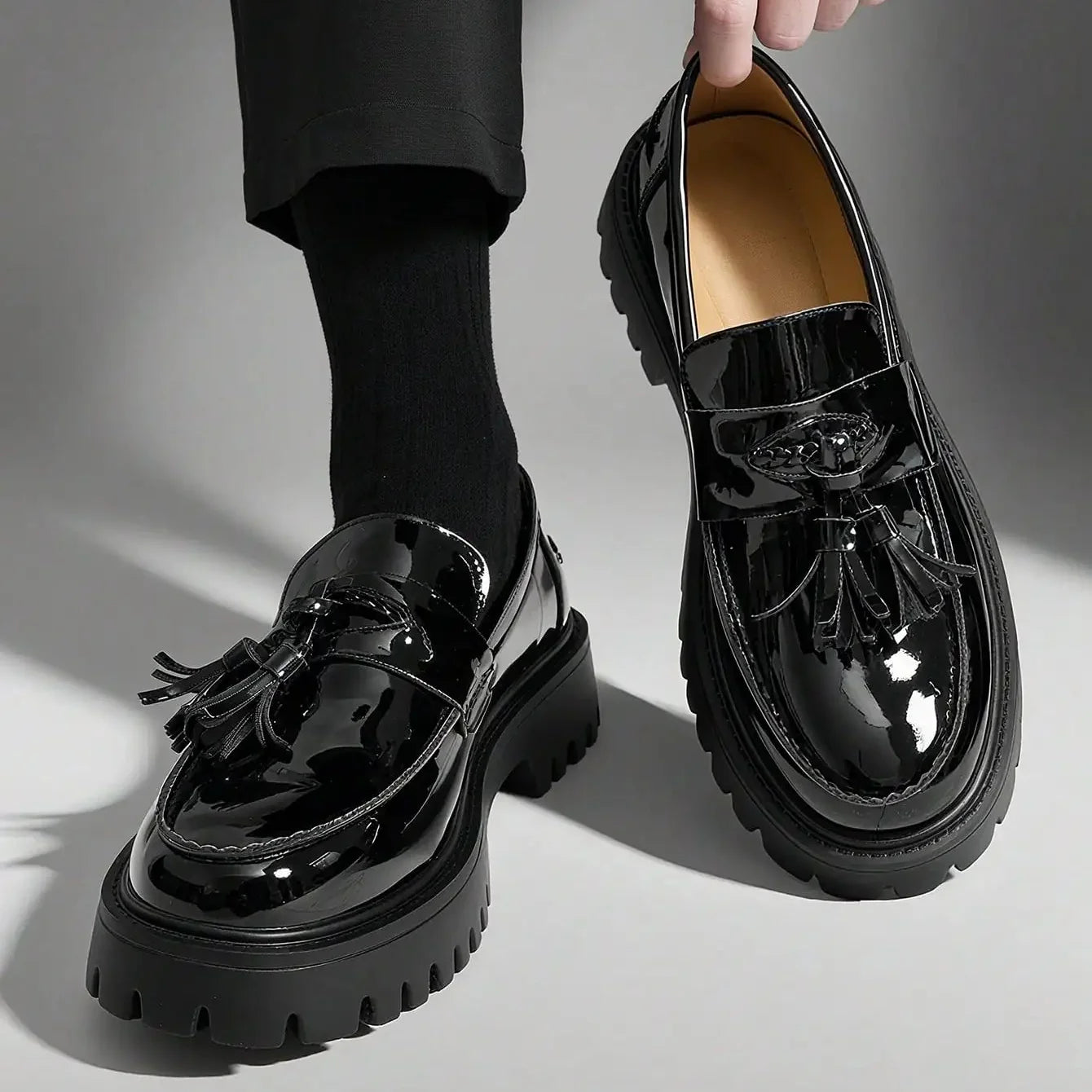 Men's Leather Loafers Platform Tassel Slip-On Penny Loafers