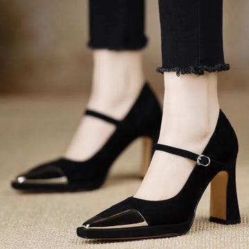 Women's Mary Jane Heels - Block Heel - Metal Toe Cap - Ankle Strap