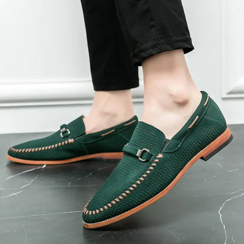 Men’s Slip-On Loafers with Almond Toe, Perforated Upper, and Flat Sole