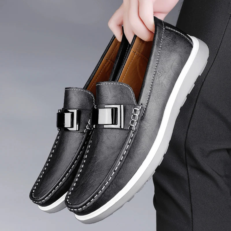 Men’s Almond Toe Slip-On Loafers with Metal Bit Detail and Flat Rubber Sole