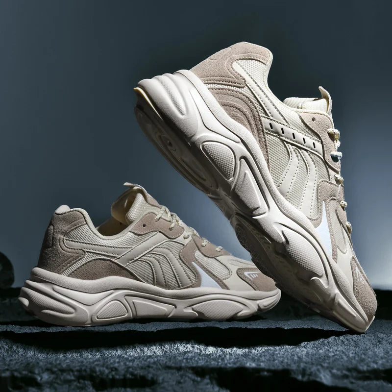 Men's Chunky Sneakers - Low Top - Lace-Up - Mesh and Suede Upper - Thick Sole