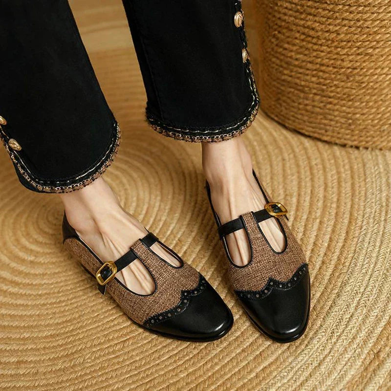 Women's Mary Jane Flats - T-Strap Buckle - Leather and Fabric Upper