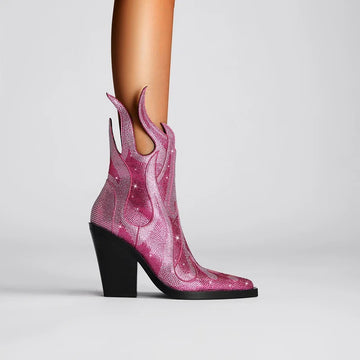 Women's Rhinestone Western Ankle Boots - Pointed Toe Block Heel