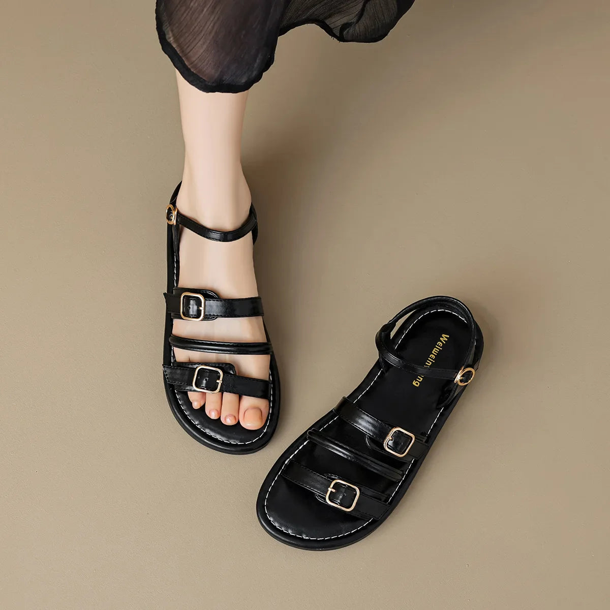 Women’s Flat Leather Sandals with Multi-Strap Buckle Design and Open Toe
