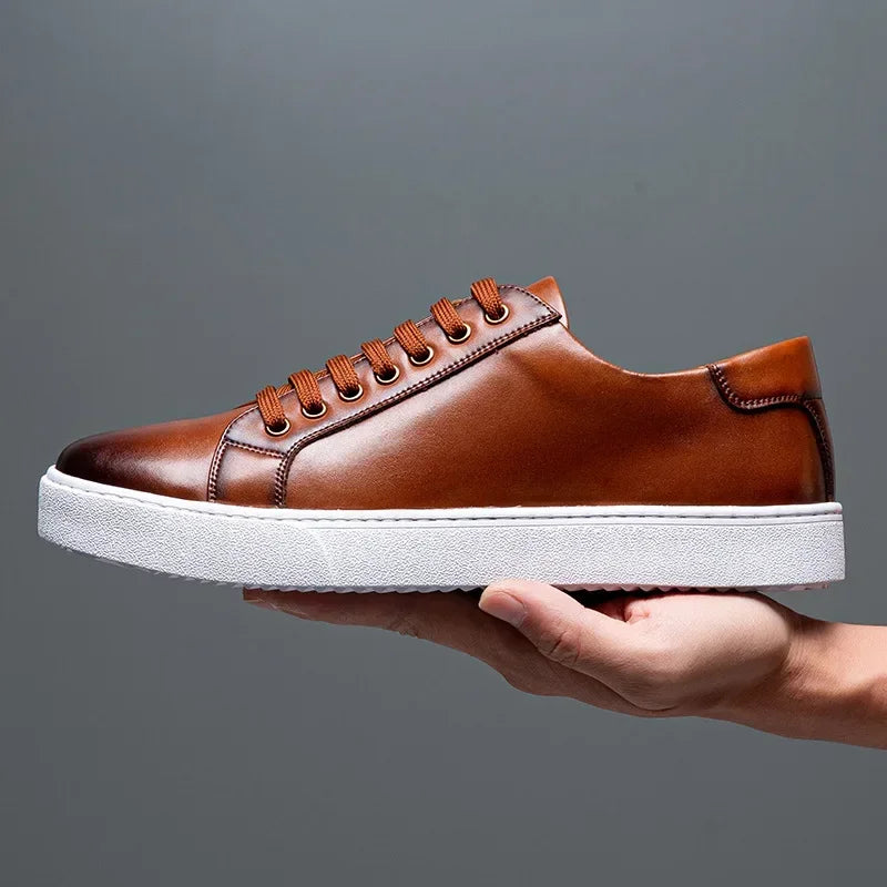 Men’s Faux Leather Low-Top Lace-Up Sneakers with White Rubber Sole